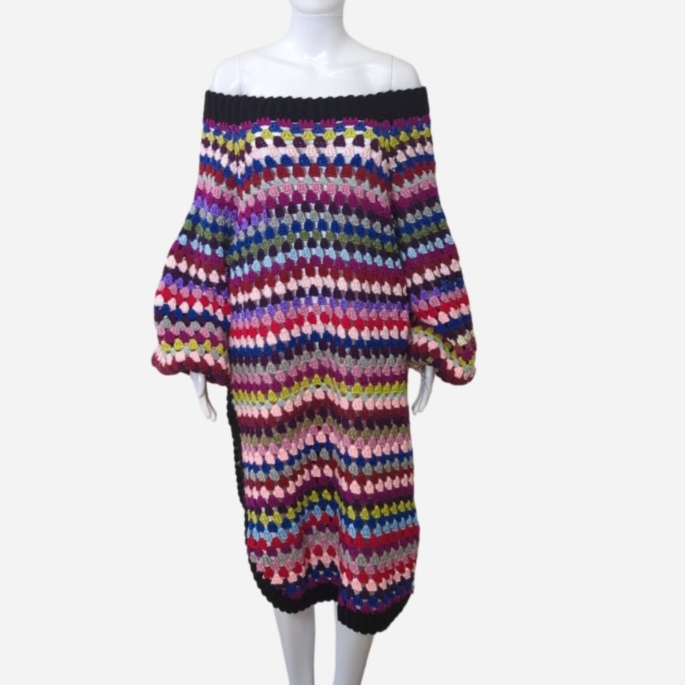 Handmade Crochet multicolor bohemian granny square‎ tunic/dress/sweater
